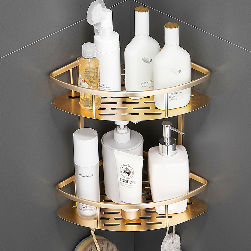 All copper triangular basket Nordic bathroom corner rack bathroom brushed color mesh basket double shelf rack pendant wall hanging