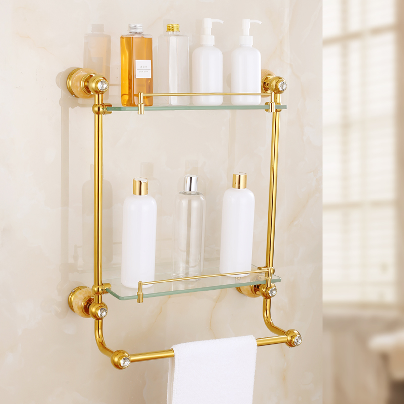 European gold all-copper bathroom vanity hardware pendant Natural jade Single-layer glass shelf Cosmetics rack