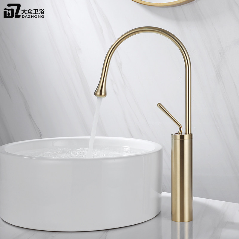 Nordic Light Lavish Full Copper Wire Drawing Gold Tap Home Dressing Room Washface Pelvic Floor Basin Plus High Rotating Tap