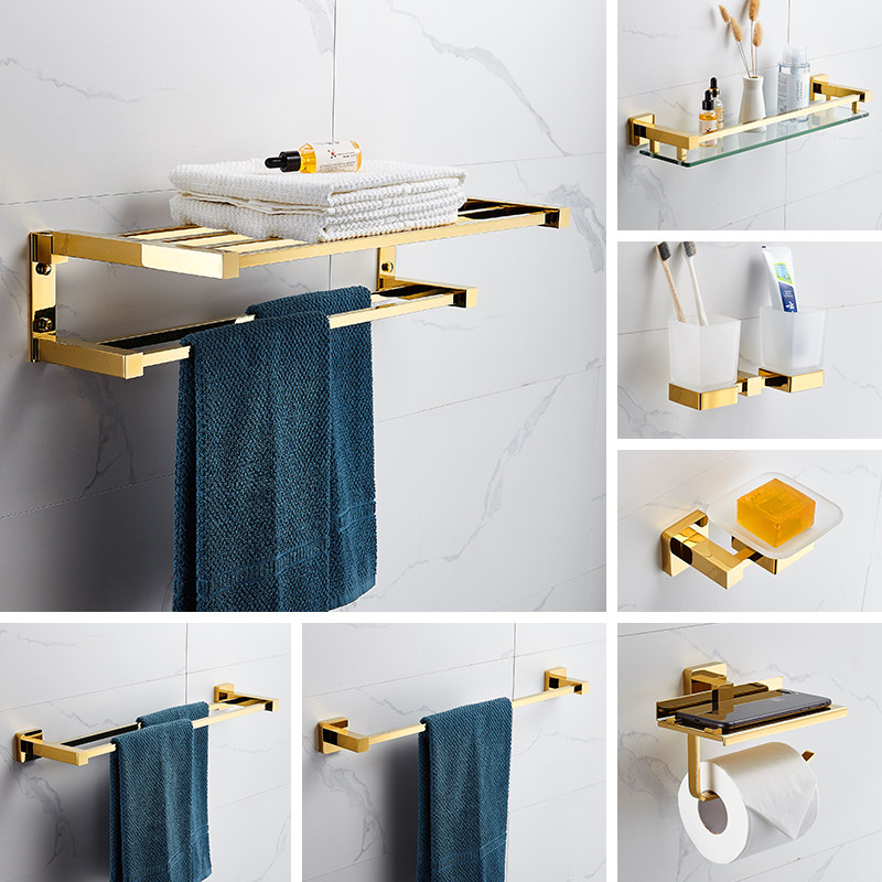 European-style all-copper square gold towel rack bathroom hardware pendant set device rack powder room thickened bath towel rack