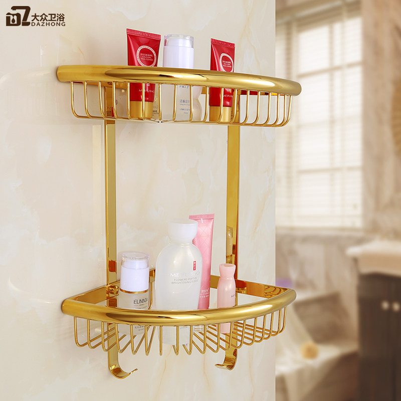 All copper triangle basket European style toilet corner rack bathroom gold mesh basket double layer titanium shelf pendant wall hanging