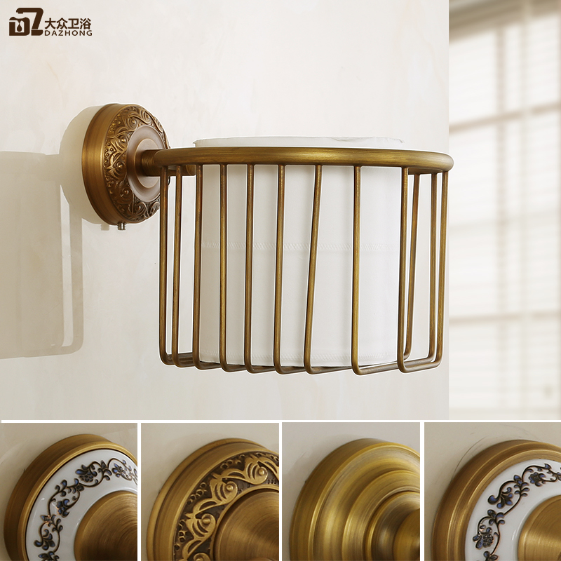 European-style all-copper antique paper basket Tissue holder Cosmetics basket Blue and white porcelain toilet paper holder toilet rack