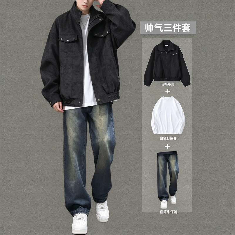 Cool and Stylish Pu Leather Jacket, Autumn High-End Men's Outfit, Complete Casual Set, Men's Denim Trendy Three-Piece Set
