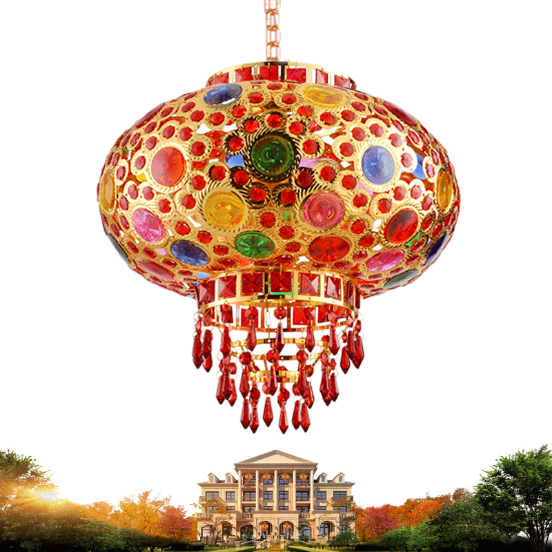Modern New Chinese Balcony Lantern Creativity Hotel Gate Chandelia 7 Colorful 360 Degrees Rotating Water Crystal Lantern