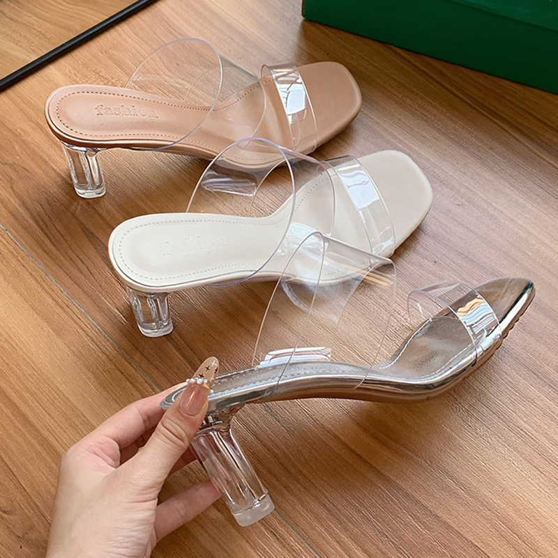 Belle Fei Bi Transparent High Heels for Women, Summer Sexy Versatile Single-Strap High Heels, Crystal Heel Chunky Heel Sandals