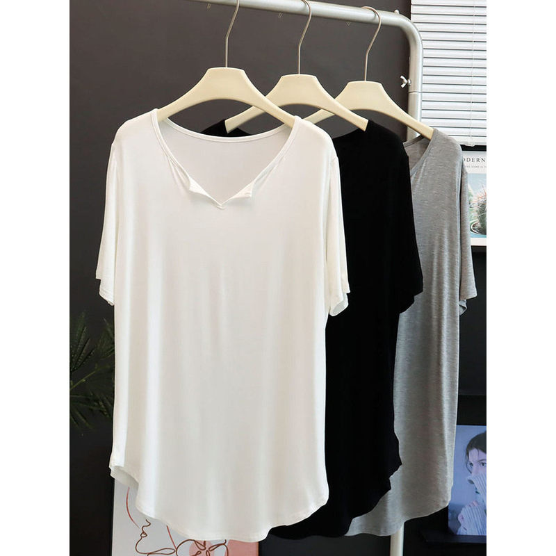 Mid-Length Modal Short-Sleeved T-Shirt That Covers the Buttocks, V-Neck, Curved Hem, Loose-Fitting Sports Cover-Up, Loungewear Mid-Length Modal Short-Sleeved T-Shirt That Covers the Buttocks, V-Neck, Curved Hem, Loose-Fitting Sports Cover-Up, Loungewear