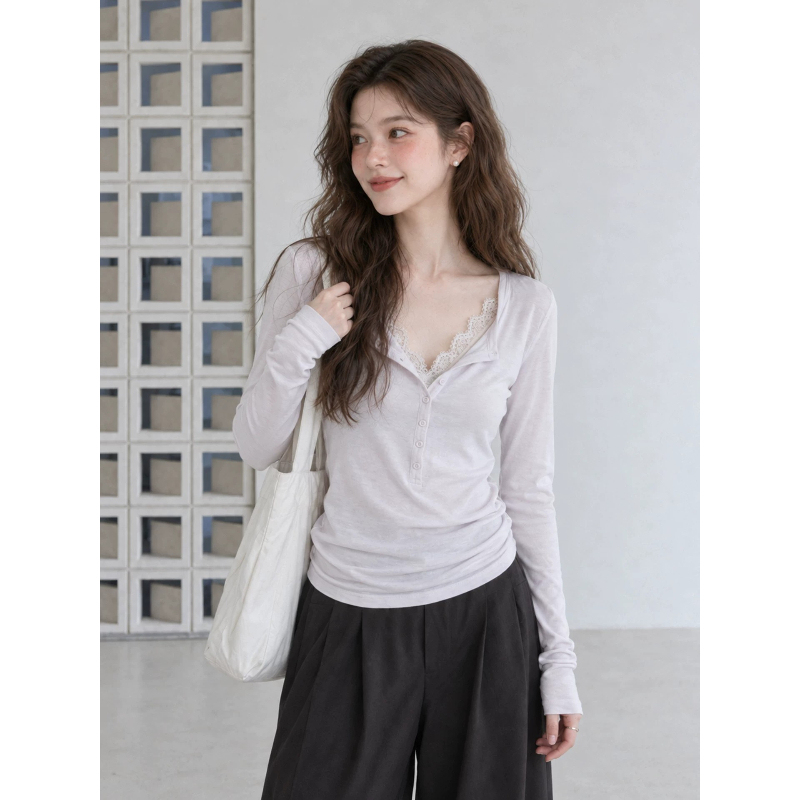 The Perfect Accessory for a Beautiful Baby! Korean-Style Gentle Long-Sleeved T-Shirt for Women, Autumn Slim-Fit Lace Patchwork Top The Perfect Accessory for a Beautiful Baby! Korean-Style Gentle Long-Sleeved T-Shirt for Women, Autumn Slim-Fit Lace Patchwork Top