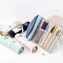 Large capacity pencil case student creative stationery box canvas cute roll curtain primary and secondary school students simple fresh pencil bag