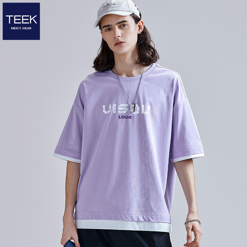 Fake two short sleeve t-shirt male summer pure cotton 50%-half-sleeve mistress