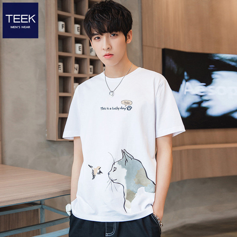TEEK pure cotton short sleeve men's t-shirt teen student kitty printed half sleeve 2022 summer new wave card clothes