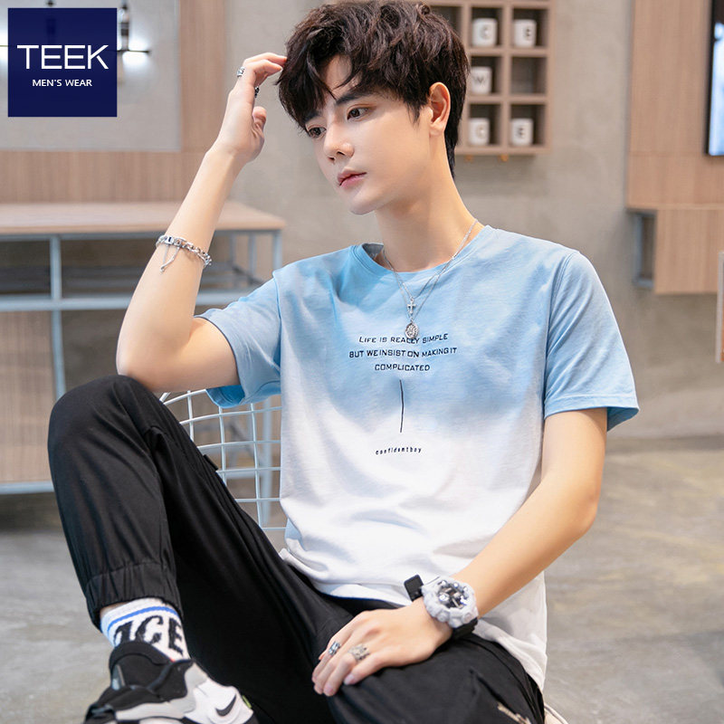 Gradient color men's short sleeve T-shirt cotton Youth Tide brand half sleeve summer 2021 new clothes