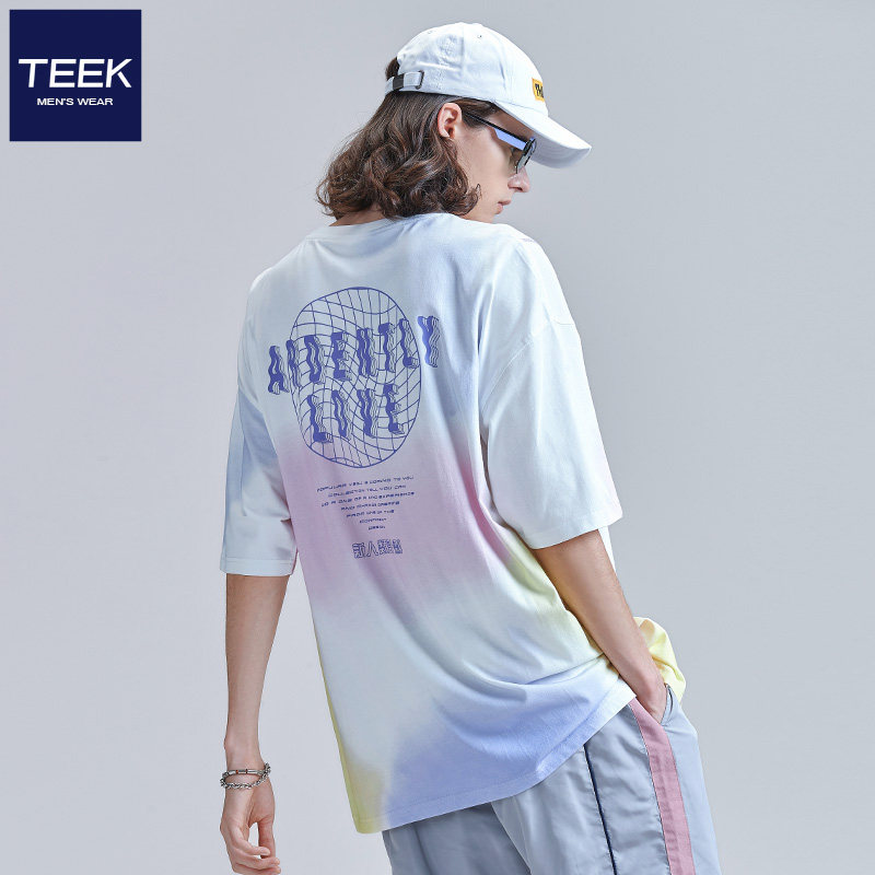 Zdyeing Pure Cotton Short Sleeve T-shirt Male Summer Ins lovers fit 5 and half sleeves