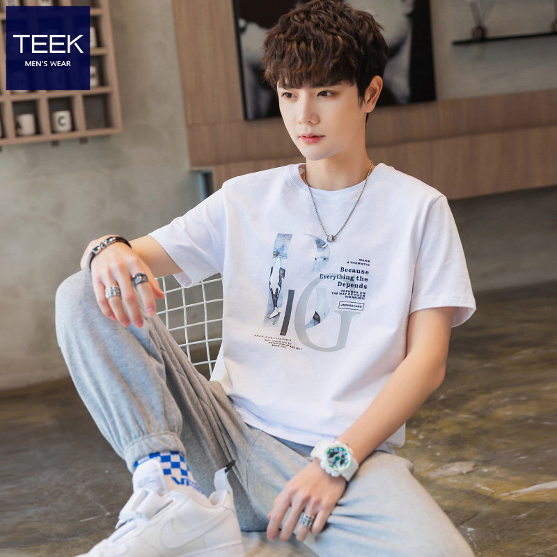 2022 New Ice Silk Short Sleeve T-shirt Boy Pure Cotton Teenagers Half Sleeve Tide Cards High-end Summer Heavy clothes