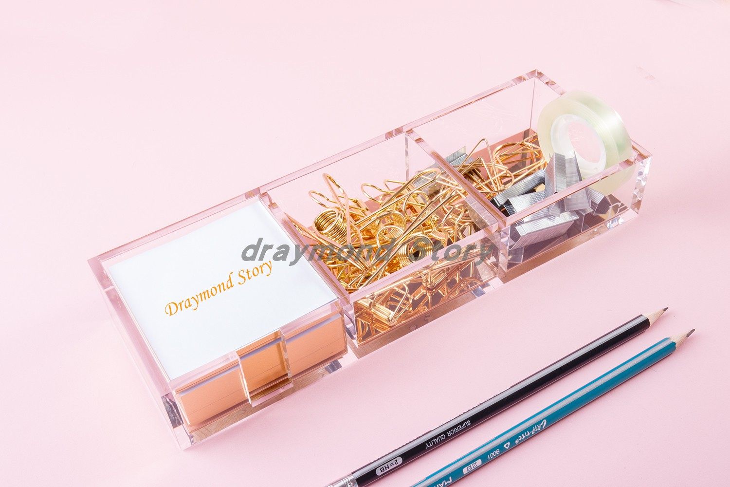 Acrylic transparent 3-grade note box transparent rose gold note board seat desktop collection box office stationery