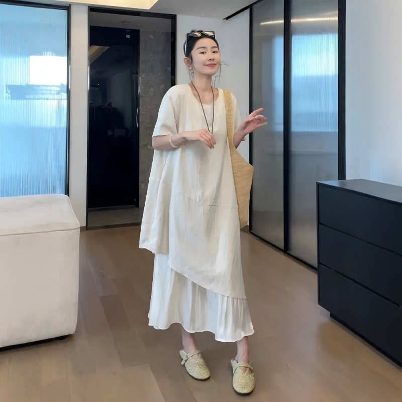 Plus Size Women's Linen Fake Two-Piece Dress 2026 Summer Outfit for Fat Women, Loose and Slimming Long Elegant Dress