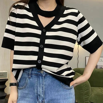 Crystal chubby mm cover belly thin neck knitted short-sleeved shirt large women's clothing meat striped t-shirt top