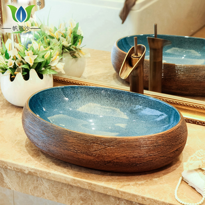 Ceramic Art Terrace Basin Oval European style Wash Basin Face Basin Retro Handwashing Pool Makeup Room Washbasin Terrace Basin