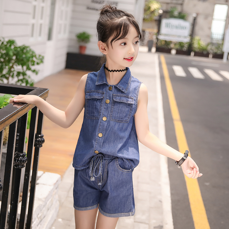 3 cô gái denim không khí bộ mùa hè 5 đứa trẻ 6 cô gái 7 Hàn Quốc phiên bản 8 mùa hè 9 tuổi 10 quần áo triều 11 thời trang 12.