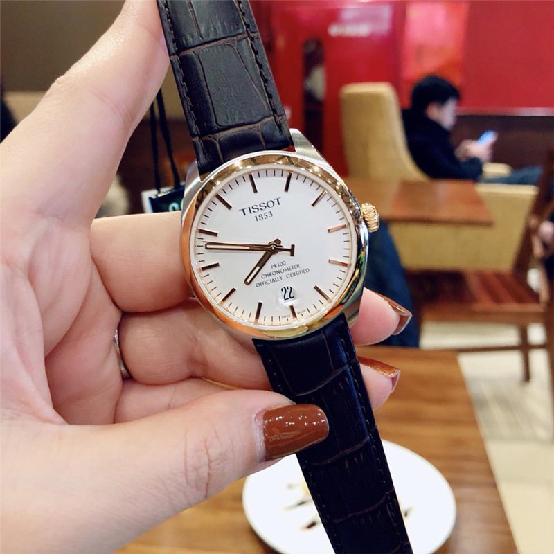 Швейцарские наручные часы 代购代购正品tissot天梭玫瑰金棕色带日历石英男表t101.451.26.0