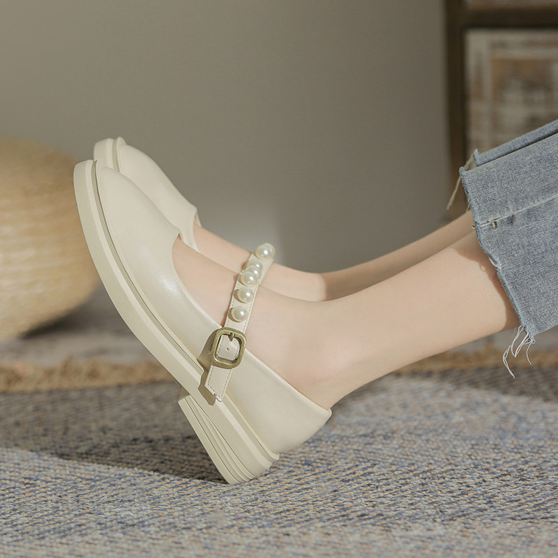 Mary Treasures Single Shoes Women White 2021 New 100 Hitch Pearls Shallow Mouth Method JK Shoes College Wind Inglées Little Leather Shoes