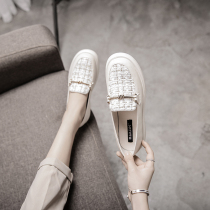 Loafers womens spring 2021 new versatile thick-heeled flat single shoes British style small leather shoes a pedal womens shoes