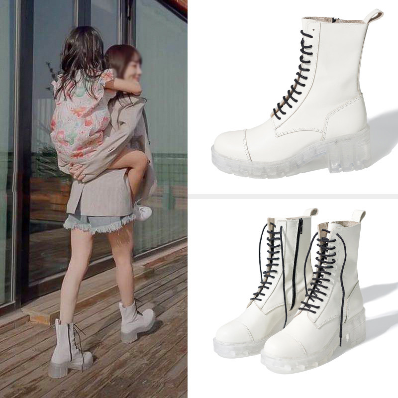 White Martin boots women's 2021 new all-match leather boots British style thick with the same boots as the star women's summer