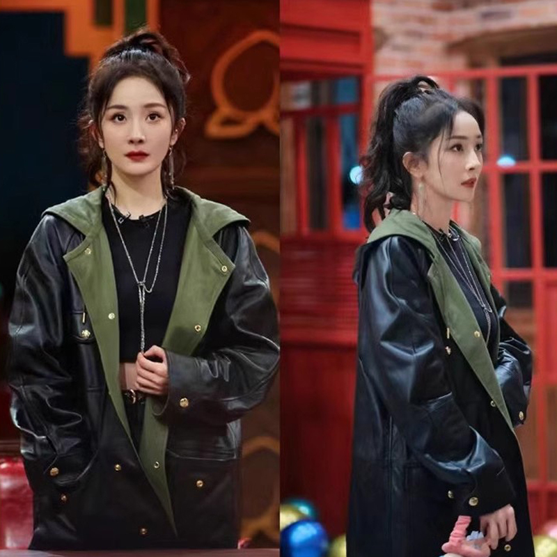 Yang Mi's Same Style 2025 Autumn New Black Mid-Length Pu Leather Jacket with a High-End Feel and Elegant Hooded Leather Coat