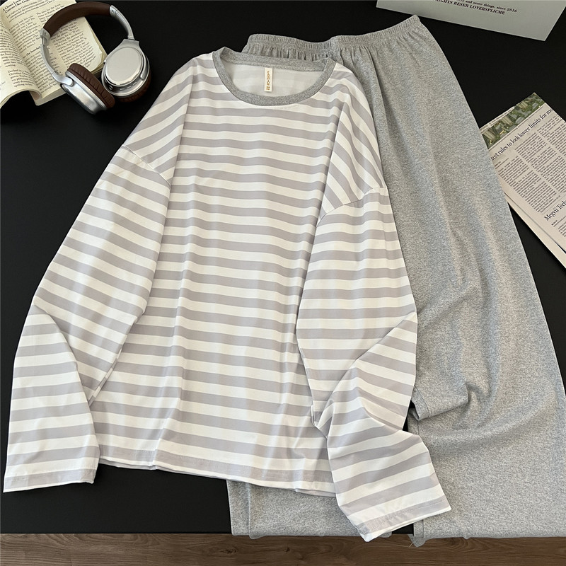 Striped Pajamas for Men and Women, Spring and Autumn Pullover Long-Sleeved Long Pants, High-End Casual Summer Thin Home Wear Set