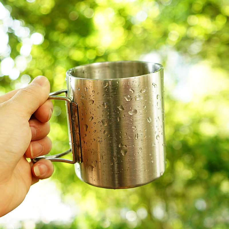 OUTDOOR CAMPING CUP 304 STAINLESS STEEL FOLDING HANDLE DOUBLE LAYER INSULATION COFFEE CUP BARBECUE BEER CUP CLIMBING WATER CUP -TAOBAO