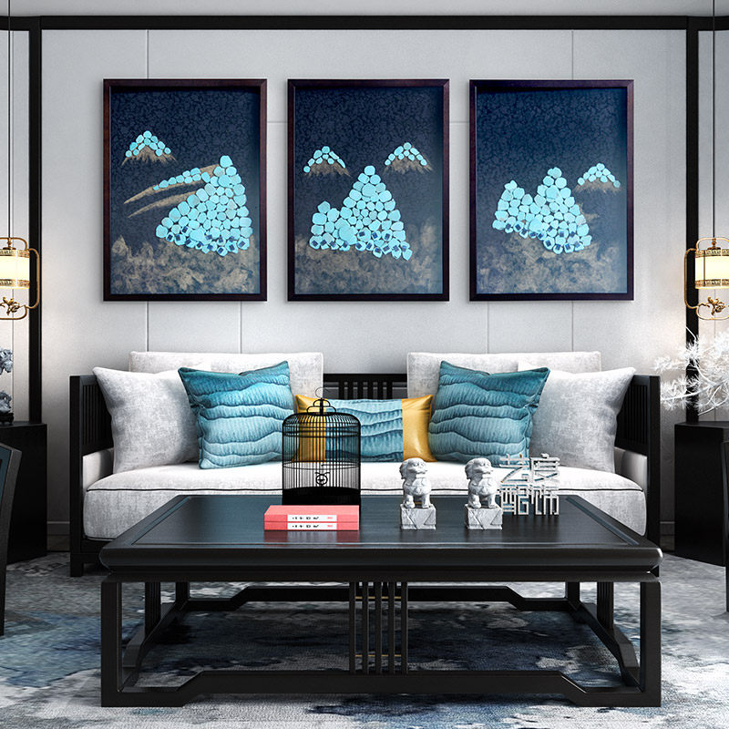 Stone of his mountain New Chinese living room background wall decorative painting Entrance physical painting Dining room hanging painting triptych turquoise