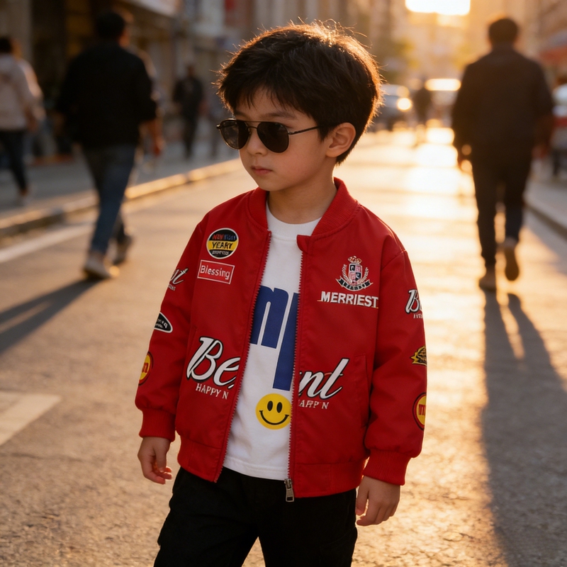 American Motorcycle Style Badge Baseball Jacket for Boys, Zip-Up Casual Outerwear for Young Children, Spring and Autumn Thin Jacket