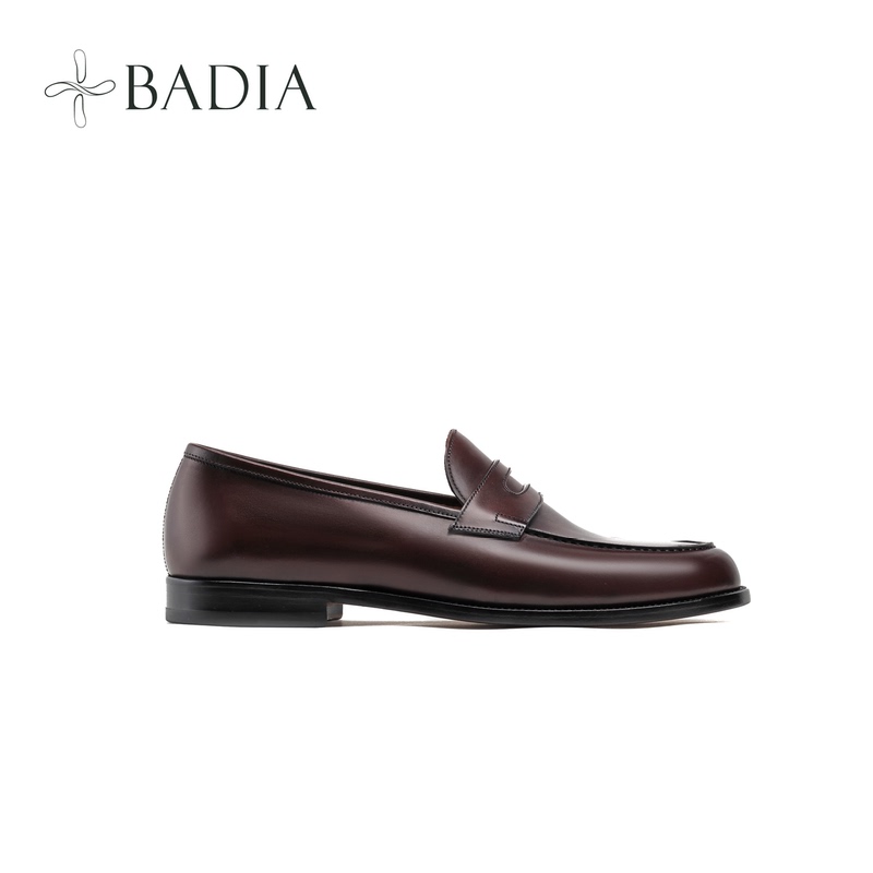 Badia Shoes Round-Toe Penny Loafers Burgundy Red French Calfskin Classic Versatile