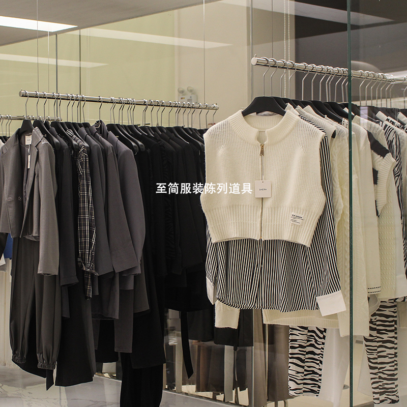 Clothing store clothes rail display stand steel wire ceiling hanging hanger women's clothing store stainless steel side hanging shelf ins