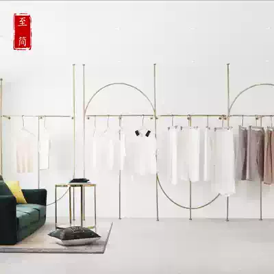 Clothing store display rack floor-to-ceiling wall-mounted stainless steel side hanging high-grade gold hanger shelves
