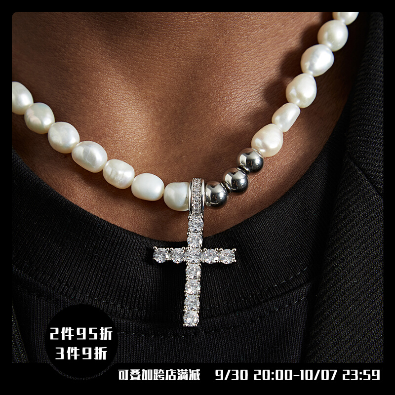 ICEGANG baroque pearl cross stitching necklace male zircon clavicle chain hip-hop European and American gemstone inlay