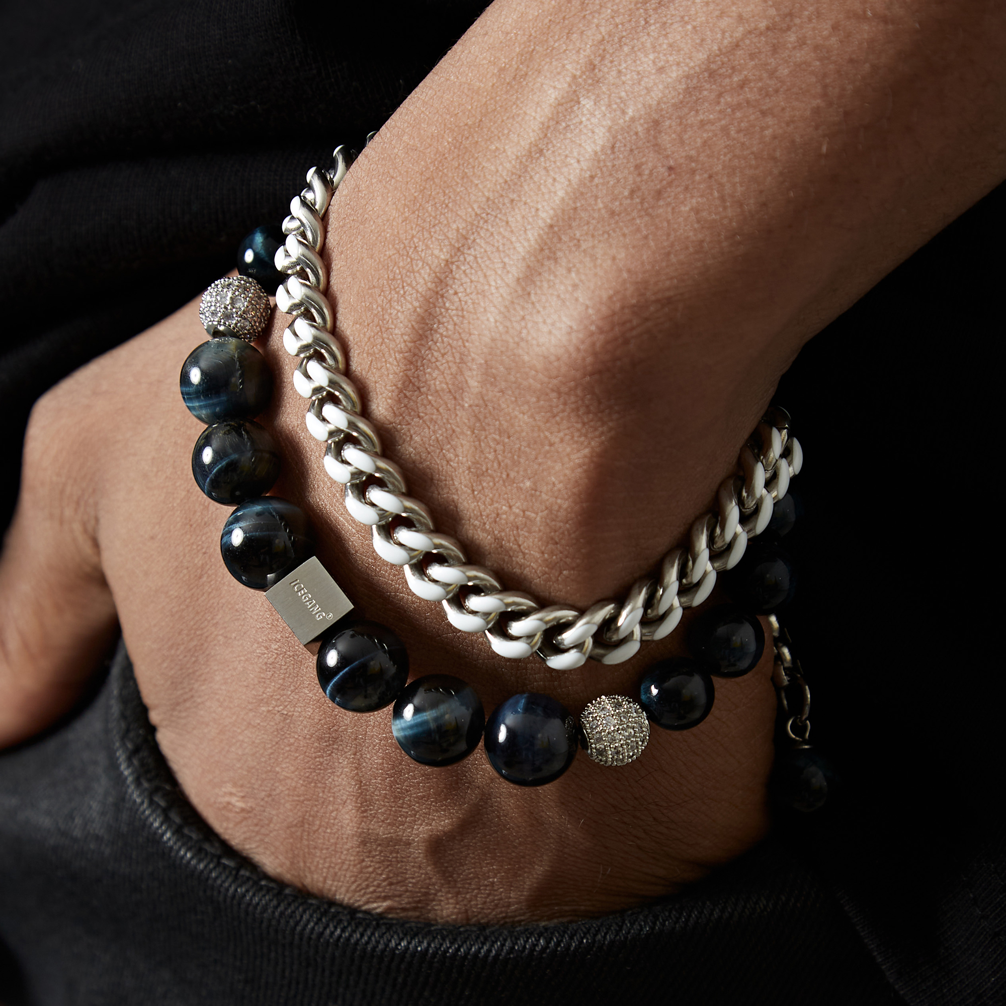 ICEGANG tiger eye stone Cuban chain adjustable double-layered hand-held men and women hip-hop tide brand niche ins blue and green