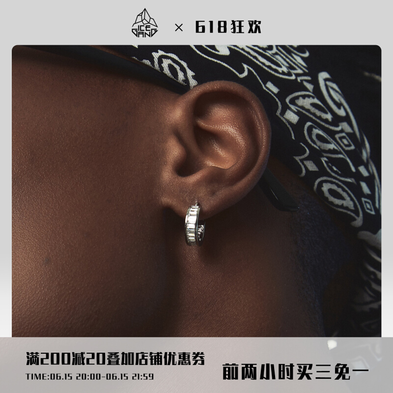 ICEGANGT square drilling single row zircon earrings earrings cool hip-hop and American trendy European and American gold and silver hiphop