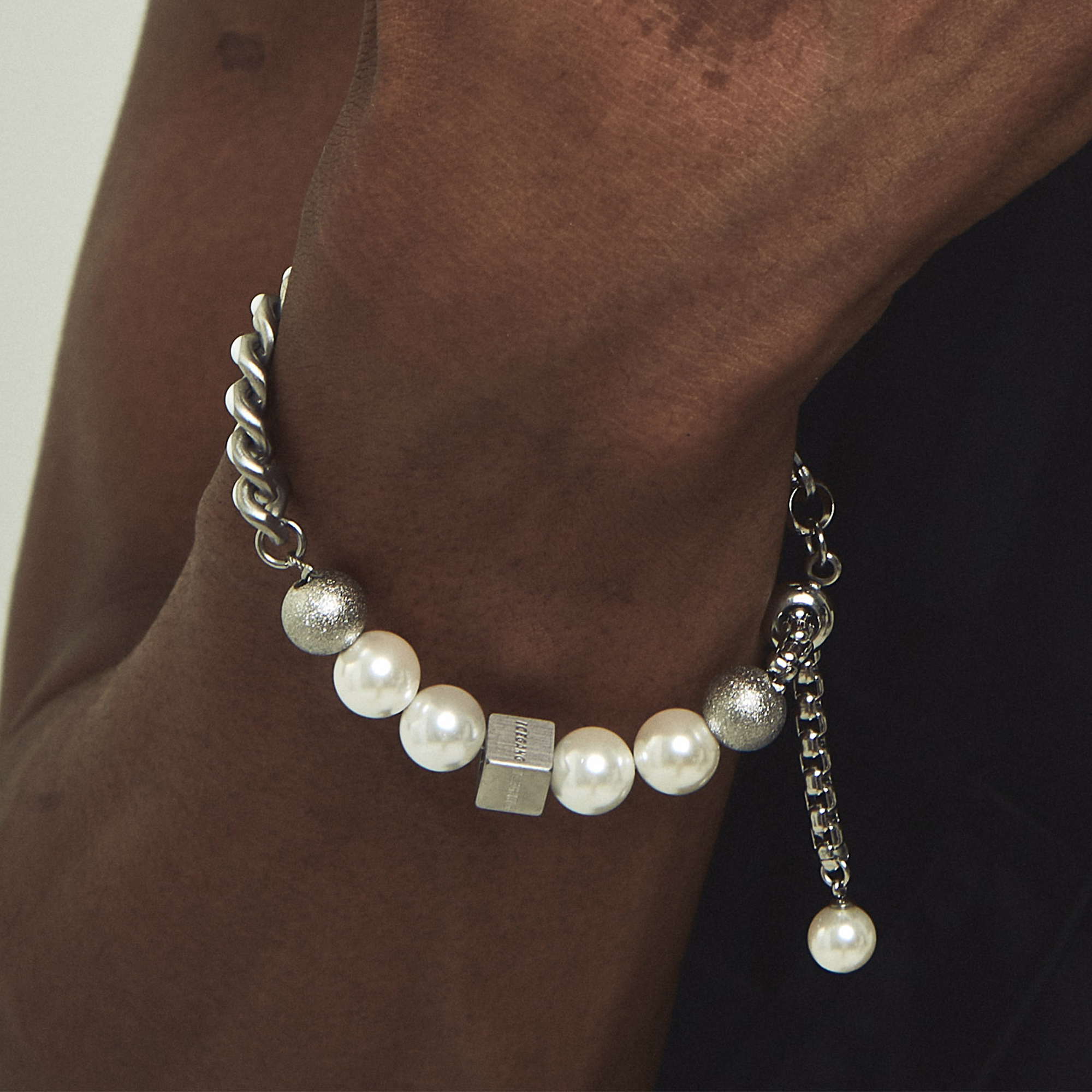 ICEGANG pearl titanium steel stitching Cuban chain Europe and the United States hip-hop hand double-sided fashion all-match trend jewelry ins