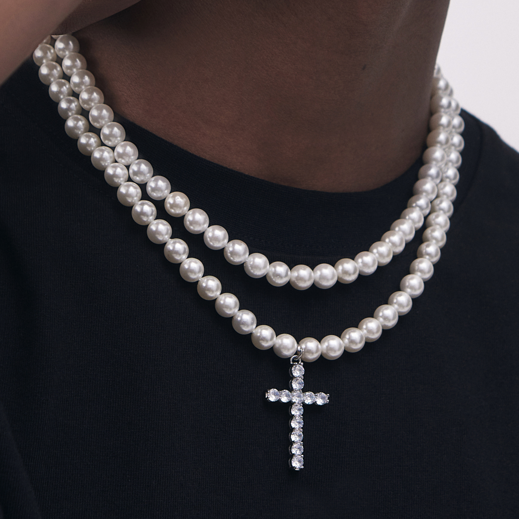 Pearl Bay Pearl Cross Splicing Necklace rap Zircon Stone Collarbone Chain Hip Hop and the European and American inlaid jewel lovers