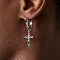 ICEGANG Cross Earrings S925 European And European Color Zircons Ear Nail Suit Combined Pure Silver Needle Hip Hop Superflash