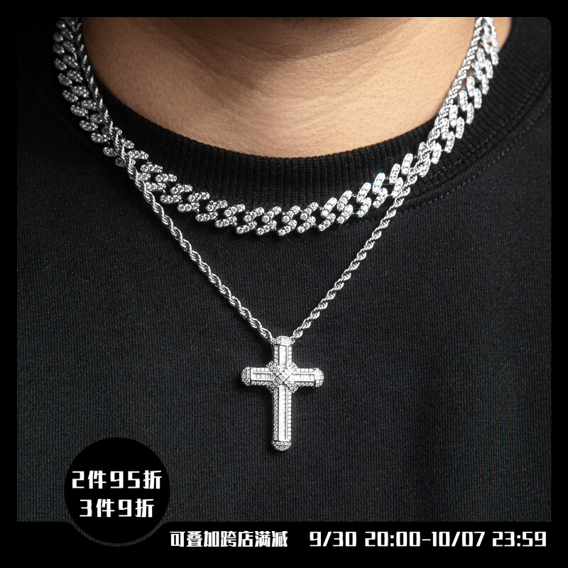 ICEGANG cloth paste cross necklace hip-hop men's pendant silver couple gold-plated natural zircon full of diamond tide