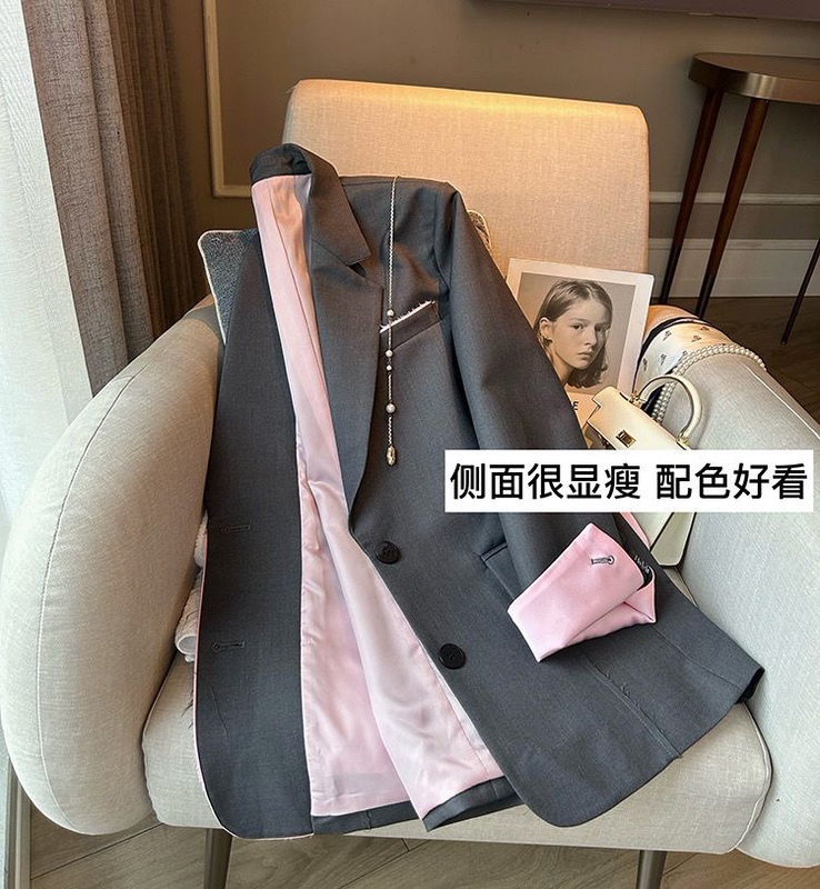 2026 Spring New Fashionable Pink Lined Contrast Color Loose Slimming Korean Style Versatile Women's Blazer