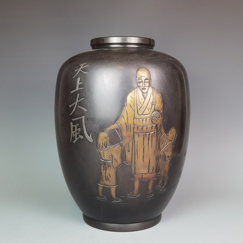 日本高岡銅器金工美術紫山刻高野良一作寿形梅和鴛鴦青銅花瓶-淘宝