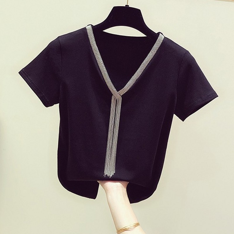 2022 spring and summer new Korean version fashion streaming Su chain splicing V collar short sleeve T-shirt female casual display slim pure color blouse