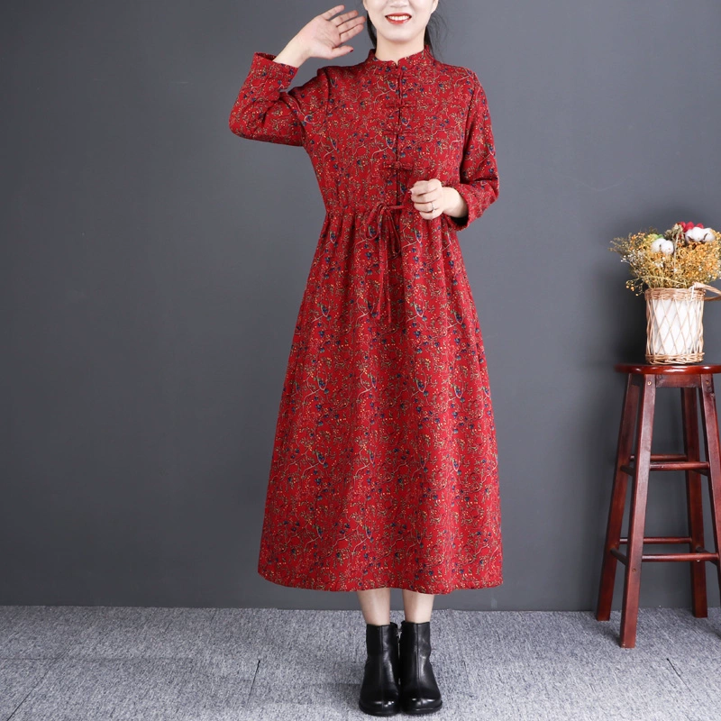 Natural Shop Trang phục phụ nữ phong cách dân tộc cộng với nhung dày bông hoa và váy lanh eo lỏng chân váy chữ A - A-Line Váy