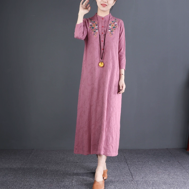 Cửa hàng tự nhiên Phong cách dân tộc thêu của phụ nữ dài tay vải cotton và vải lanh váy lỏng giữa chiều dài 2019 mùa xuân mới - váy đầm
