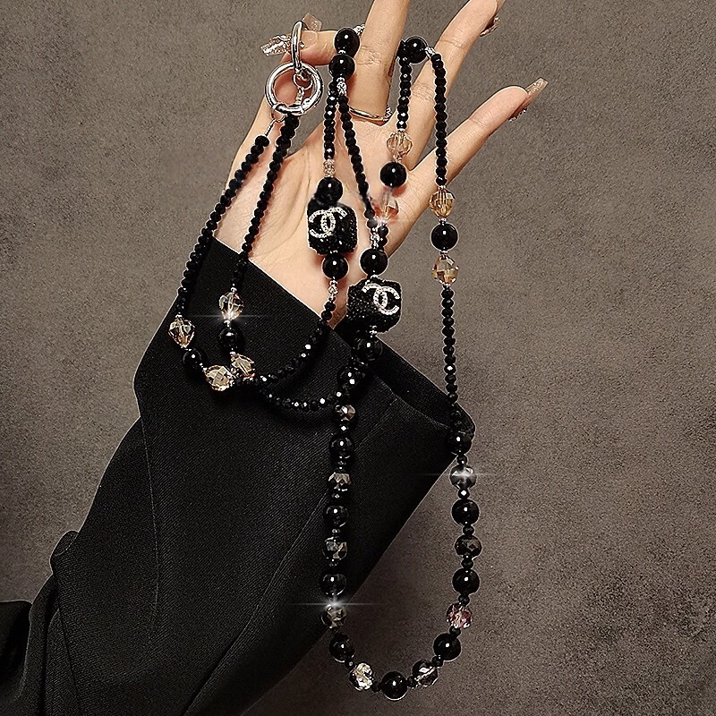 Luxurious and High-End Chanel-Style Black Crystal Beaded Long Crossbody Lanyard Chain Phone Case Bag Universal Accessory Trendy