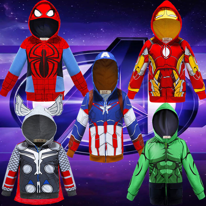 Iron Man Kidsren's Hooded Sweatshirt, Captain America Baby Cartoon Jacket, Boys and Girls Spider-Man Mask Zipper Shirt, Spring & Fall