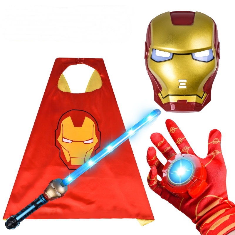 Steel Man Children Shine Mask Weapons Wear Cos Dress Gloves Launch Cloak Suit for Halloween Toys