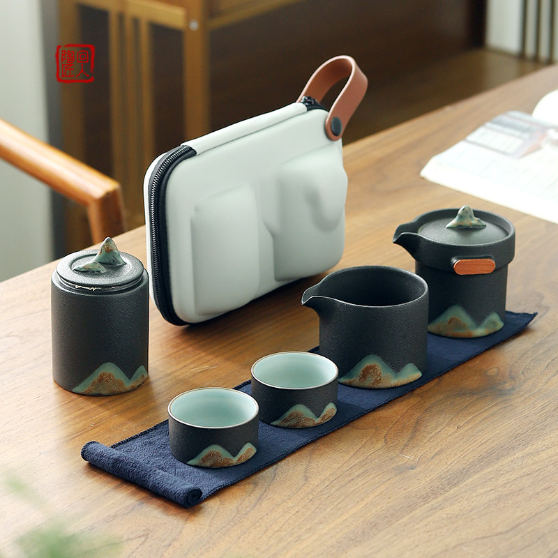 Green Hills One Pot Two Cups Tao Made Travel Portable Kongfu Tea Furniture Set Quick Guest Tea Maker With Cloth Bag Teapot Tea Cup